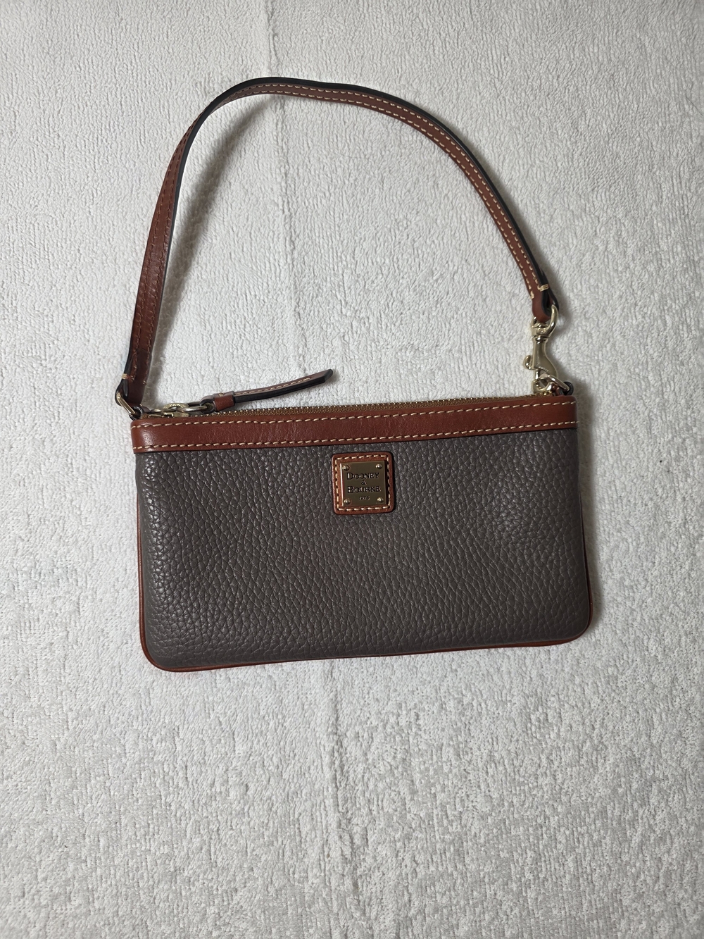 Dooney & Bourke Gray Pebble Leather Wristlet with Brown Trim and Gold Hardware